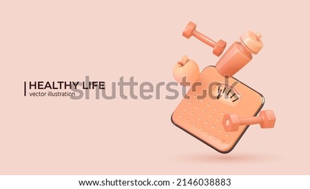 3D Healthy lyfe concept. 3d render of glossy dumbbells, scales and water bottle on pink background. Vector illustration