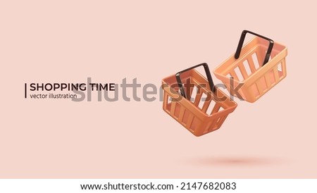 3d realistic plastic shopping cart. Empty shopping baskets on pink background in cartoon minimal style. Vector illustration