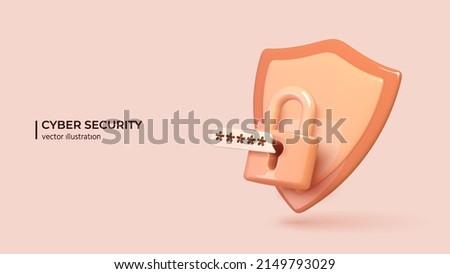 Cyber security concept. Realistic 3d padlock with password and shield. The concept of mobile phone and personal data protection. Vector illustration