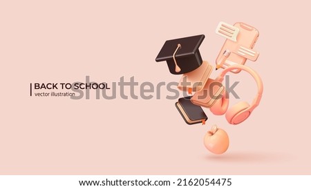 Back to school. Realistic 3d design of school supplies in cartoon minimal style. Academic cap, books, headphones and smartphone. Vector illustration Сток-фото © 