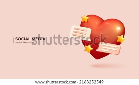 3d Social media notification. Realistic 3d design of love like heart icon in two rounded square speech bubbles. Love concept in cartoon minimal style. Vector illustration