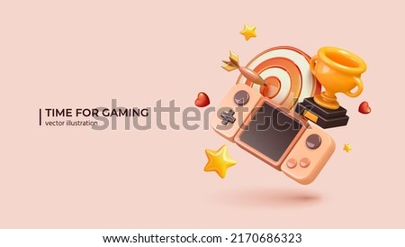 eSport or cyber sport concept. Realistic 3d design of Game console, Trophy Cup and hit target. 3D Vector illustration in cartoon minimal style.