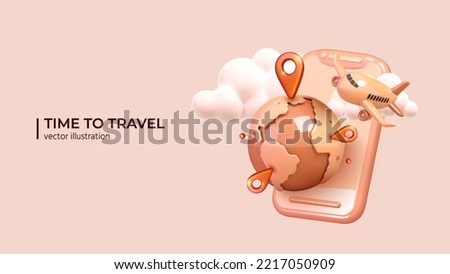 Opportunity to travel the world again. Realistic 3d design of holidays, airplane flights. Visiting interesting places. Travel concept in Realistic 3d cartoon minimal style. Vector illustration