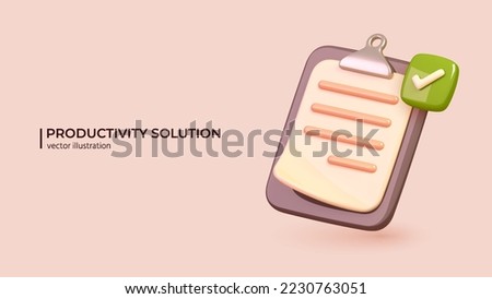 3D White Clipboard - Productivity Solution Concept. Realistic 3d design of icon todo check list on document. efficient work on project plan 3d. Concept in Trendy colors. 3D Vector illustration.