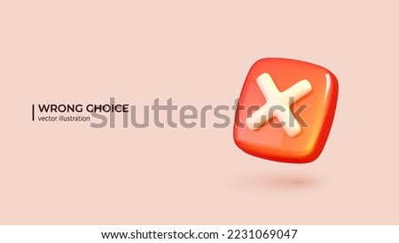 3d Vector Wrong Checkmark Box. Realistic 3d Design of Disapprove or Wrong Choice concept in Trendy colors. Vector illustration in cartoon minimal style.