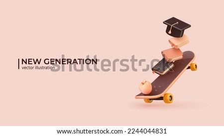 3D - New Generation Concept. Realistic 3d Design of Skateboard, book and College cap, graduation cap, mortar board. Education, degree ceremony. Vector illustration in cartoon minimal style.