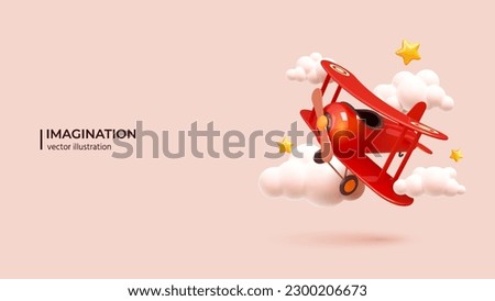 3d Imagination concept - dreams of flight. Realistic 3d design of toy airplane against summer sky background. Freedom and Motivation concept in cartoon minimal style. Vector illustration