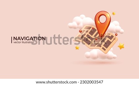 Red navigation pin on paper map - Travel concept. 3D Realistic creative conceptual symbol of search concept in cute cartoon style. Vector illustration
