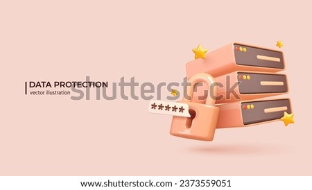 Privacy Concept 3d. Realistic 3d design of Servers with Lock. Data protection, safety, encryption, protection, privacy concept in cartoon minimal style. Vector illustration