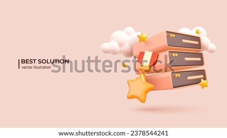 SaaS - Server as a Service. 3D Concept. Realistic 3d design of Futuristic Server with Clouds and Stars. Network computing technologies. Vector illustration
