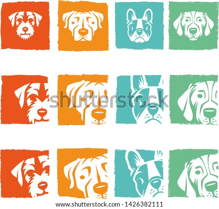 Pet Dogs head Logo icons rescue Cute faces fleas groomers breeds