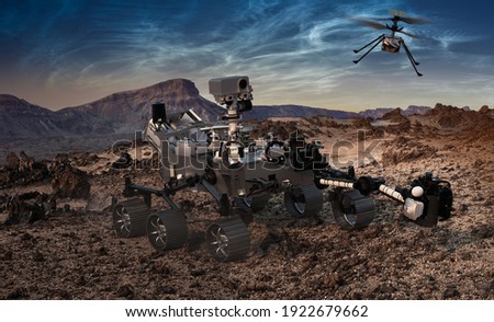 Perseverance - a planetary rover of the NASA Mars 2020 mission and Mars Helicopter, Ingenuity.Elements of this image furnished by NASA.3d illustration. Photo stock © 