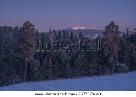 Similar – Image, Stock Photo Frosty and foggy morning on the Polish Ochodzita mountain with a view of the Czech Beskydy mountains. Lysa mountain illuminated with orange light. Winter and frosty environment