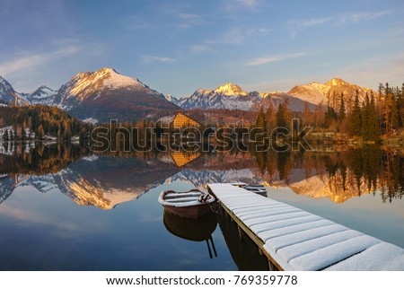 panorama of a mountain lake in winter scenery, Strbske Pleso, Slovakia, High Tatras Zdjęcia stock © 
