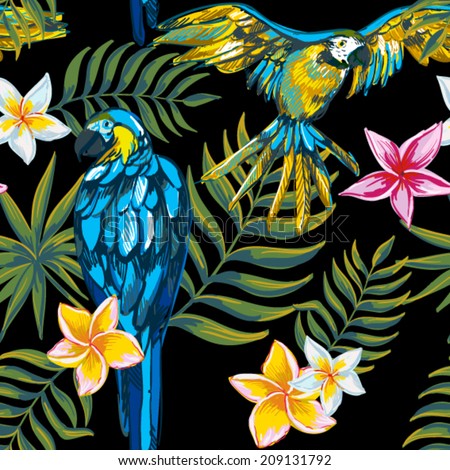 Beautiful seamless floral pattern background. Exotic birds, tropical flowers and plants