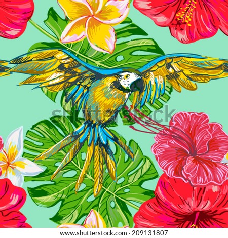 Beautiful seamless floral pattern background. Exotic bird, tropical flowers and plants