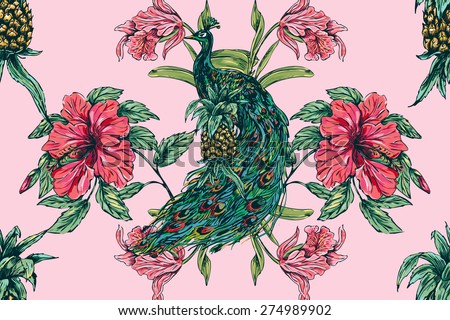 Beautiful vector vintage exotic seamless floral pattern background. Peacock with tropical flowers and pineapples, orchid, hibiscus