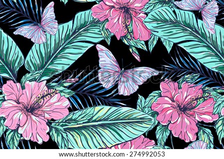 Beautiful seamless vector floral exotic pattern background. Tropical flowers, butterflies, palm leaves and plants, hibiscus