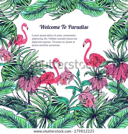 Beautiful vector exotic floral jungle background, illustration. Pink flamingos, tropical flowers, palm leaves and plants