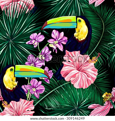 Toucan, exotic birds, tropical flowers, palm leaves, hibiscus, orchid, pink lotus, jungle, beautiful seamless vector floral pattern background, wallpaper
