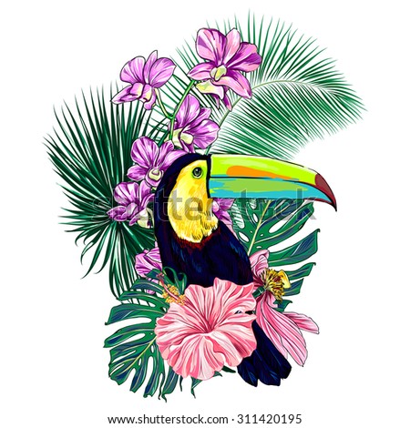 Toucan, exotic bird, tropical flowers, palm leaves, hibiscus, orchid, pink lotus, jungle. Beautiful vector floral illustration isolated on white background, exotic print, paradise