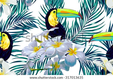 Toucan, exotic birds, tropical flowers, palm leaves, jungle, beautiful seamless vector floral pattern background, wallpaper