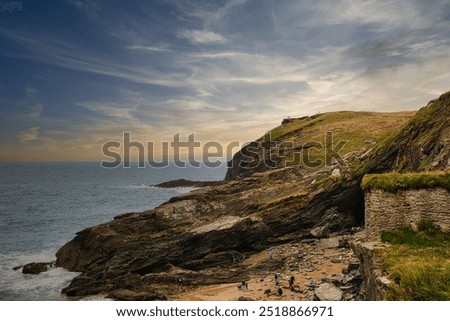 Similar – Image, Stock Photo Rocky cliff on sandy seacoast under sundown sky in Spain