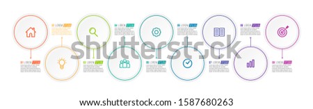 Minimal Business Infographics template. Timeline with 9 steps, options and marketing icons .Vector linear infographic with nine circle conected elements. Can be use for presentation.