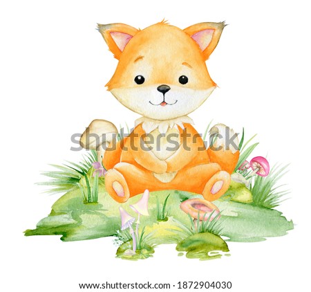 Red fox, a cute animal in a cartoon style. Watercolor clipart of a forest animal on an isolated background.