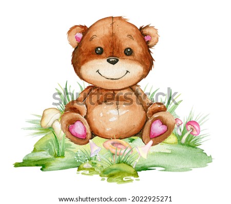 Cute, bear, sitting in a clearing, surrounded by mushrooms. Watercolor, clipart, cartoon style, on an isolated background.