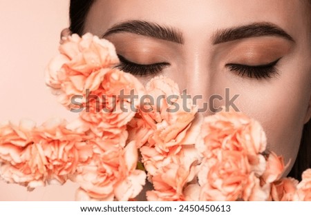 Image, Stock Photo Beautiful woman with peach standing in modern kitchen