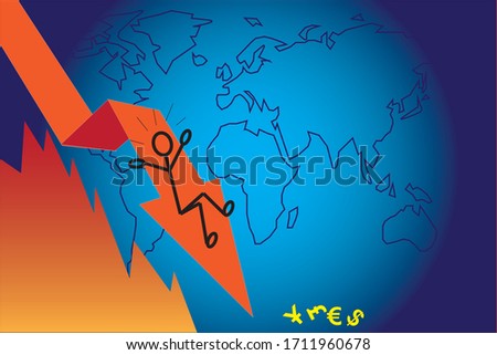 covid-19.coronavirus.The chart below is below. Pointing arrow below. Concept of the Global Economic Crisis. The financial recession is in all world map.