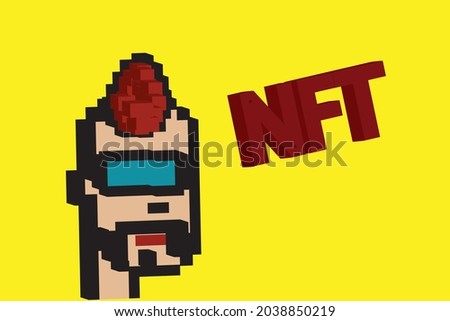 Cryptopunk NFT blockchain, non fungible token. Pixel art character red hair  game glasses 3d