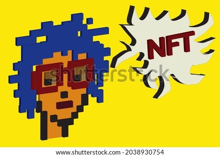 Cryptopunk NFT blockchain, non fungible token. Pixel art character blue hair red glasses 3d
