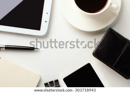 white background, plate, cup, phone, notebook, business card