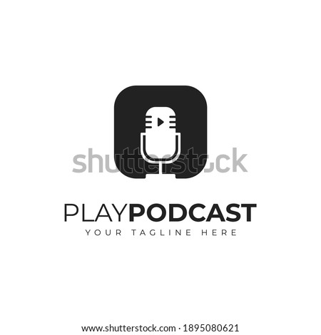 Podcast Logo Design With Microphone Icon Illustration and Play Button in Negative Space Style With Round Corner Square Frame