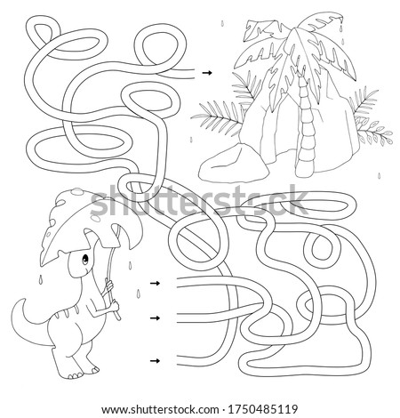 Labyrinth. Maze game for kids. Help cute cartoon dinosaur to hide from the rain. Find path to the cave. White and black vector illustration for coloring book.