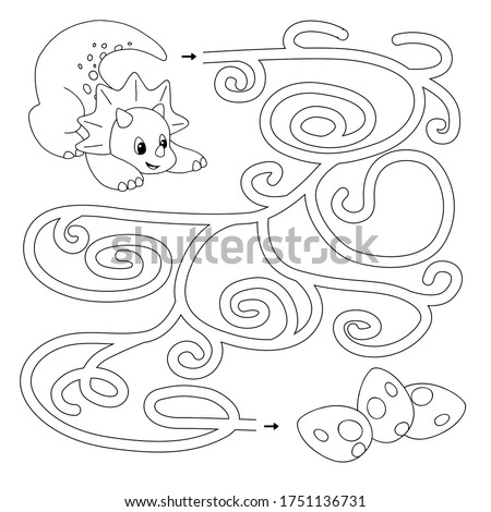 Labyrinth. Maze game for kids. Help cute cartoon dinosaur (triceratops) find path to the eggs. White and black vector illustration for coloring book.