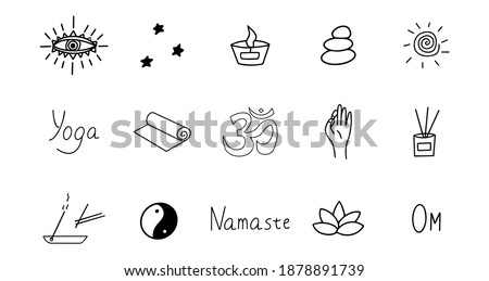 Set of elements for meditation and yoga. Black and white hand drawn doodle icon. Vector isolated symbol illustration