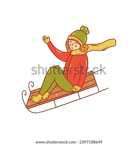 Happy smiling girl sledding down the hill. Winter outdoor activities and sports. Vector colorful illustration isolated hand drawn with contour