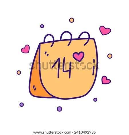 Tear-off calendar with the date of February 14 and pink hearts. Colorful vector isolated illustration doodle hand drawn style. Happy Valentines Day. Holiday, date of declaration of love