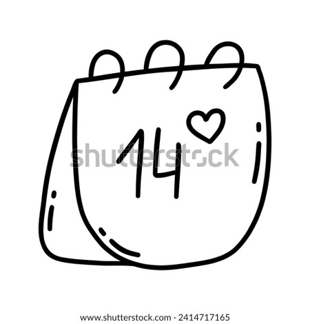 Tear-off calendar with date of February 14 and hearts. Black and white vector isolated illustration doodle hand drawn style. Happy Valentines Day. Holiday, date of declaration of love