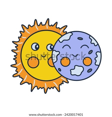 Partial solar eclipse, initial phase. Colorful vector isolated illustration hand drawn doodle. Cute smiling sun and moon. Icon or card, print clip art with contour