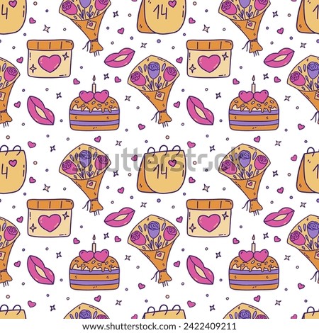 Seamless pattern with bouquet of roses, tear off calendar, cake and gift box, female lips. Gift or recognition, compliment. Valentines Day. Colorful vector illustration hand drawn. Print for paper