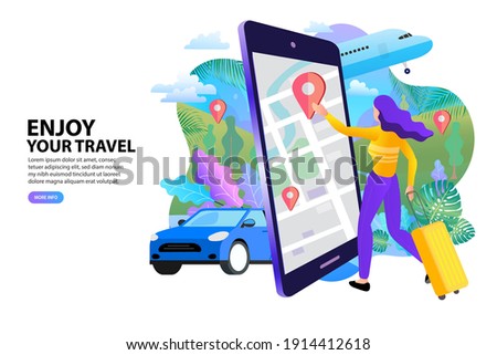 Woman using a ride hailing app to order a car on his mobile phone showing the screen with his urban location and map marker. Online ordering taxi car.