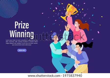 Group of people jumping holding trophy. golden cup and confetti. Business team achievements. Get reward and celebrate. 