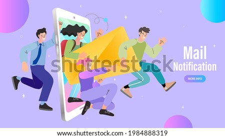 Young woman checking email on the computer. reading email on screen desktop. Business communication, internet and technology concept. New message icons on mobile phone screen. vector illustration.
