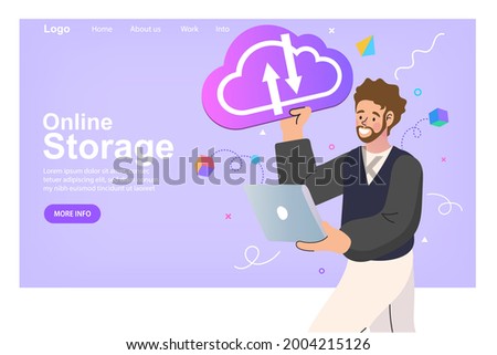 Happy man holding big cloud. online storage service. Data download and upload concept. sign of cloud technology. flat vector illustration