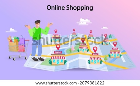 Male Character Shopping. Man with Trolley Purchasing Goods at Huge Map with Gps Pin. Characters Using Geolocation Positioning Concept. Find the right grocery store in the big city. Vector Illustration