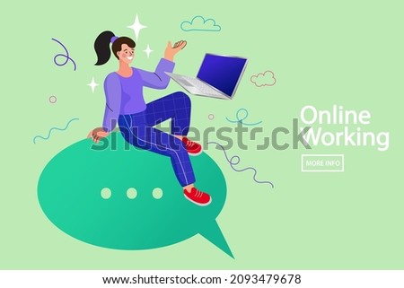 Woman sitting on reply bubble sign with laptop. Online work and technologies. Speech bubbles for comment. people using laptop and leaving comments in social networks. remote job vector illustration
